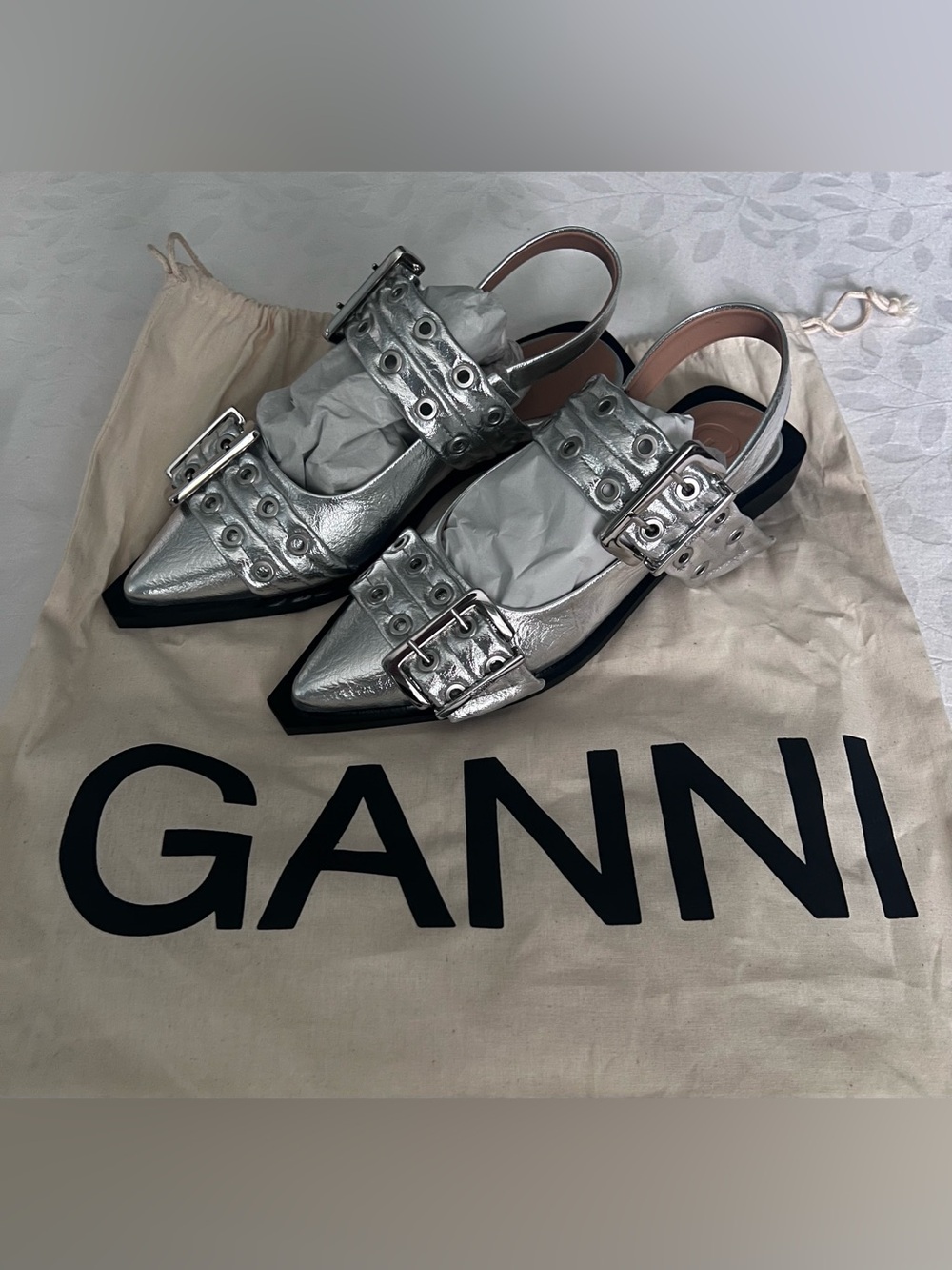 NIB GANNI Silver Metallic Slingback Ballet Buckle Flats